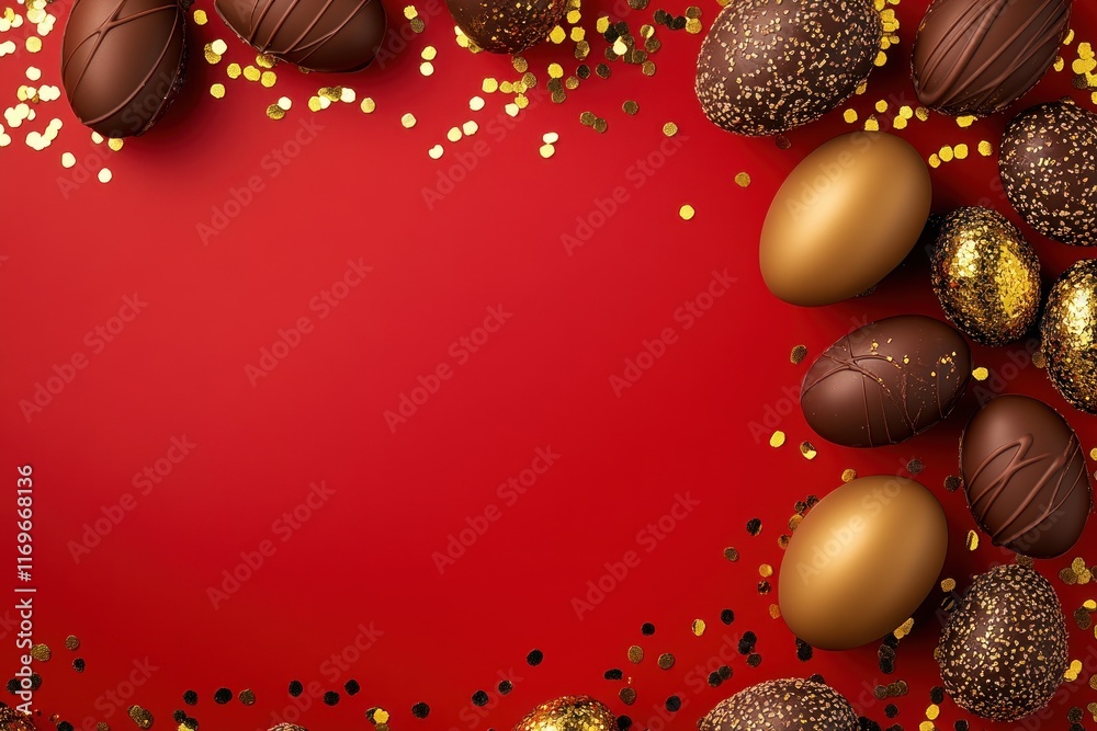 Obraz premium Colorful Easter border frame showcases chocolate eggs and pralines against a festive red backdrop. Easter banner with copyspace, greeting card