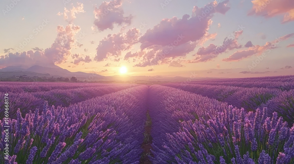Fototapeta premium Serene Lavender Fields at Sunset with Colorful Cloudy Sky