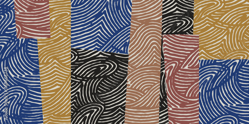 Crafted hand drawn wave brush line abstract collage pattern, Japanese and ethnic inspired tribal wood carving, engraving textured, minimal folk wood block style graphic for carpet, textile