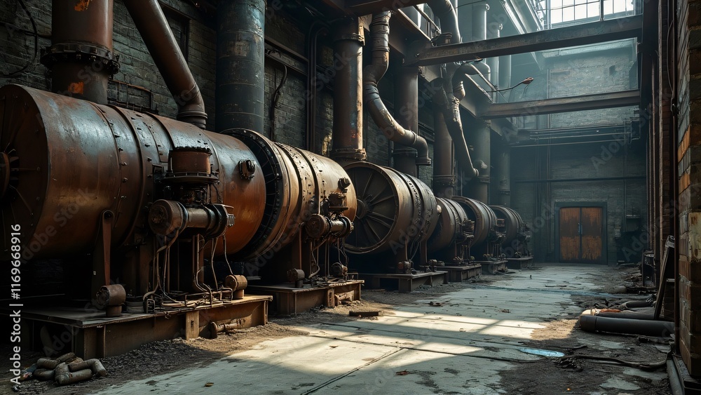 Rusty Industrial Machinery in Abandoned Factory Hall Rusty Industrial Machinery in Abandoned Factory Hall