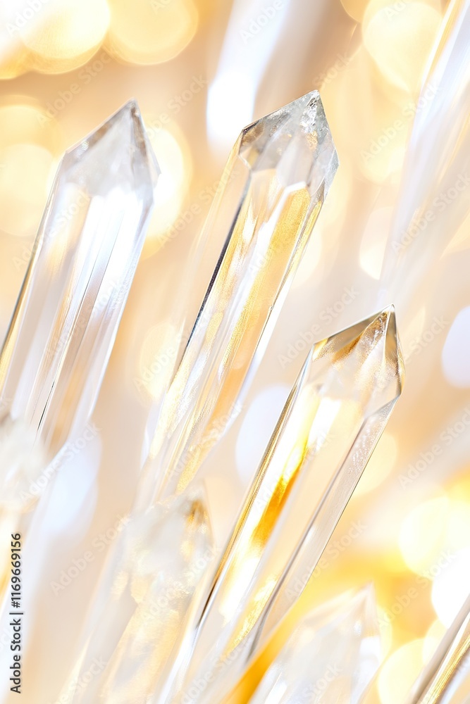 Sparkling crystal clear quartz with golden glow in bright light