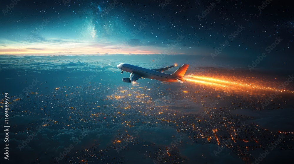 Fototapeta premium Airplane Flying Above City Lights with Stars in Night Sky