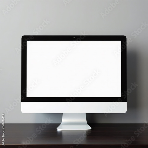 Monitor de ordenador de escritorio con pantalla en blanco sobre una mesa de madera oscura y fondo gris, ideal para presentaciones, diseño web, maquetación y visualización de contenido digital
