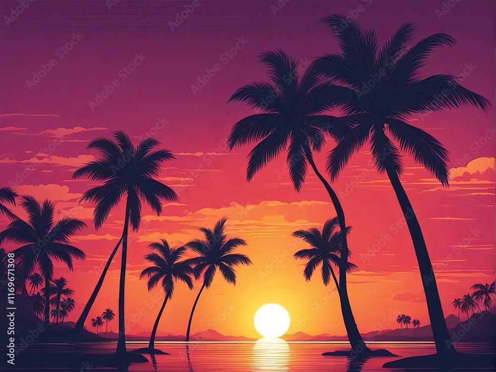 Obraz premium Mesmerizing sunset over coastal landscape, vibrant colors blending into serene sky, silhouettes of palm trees creating inviting atmosphere, perfect for inspiring wanderlust and adventure.