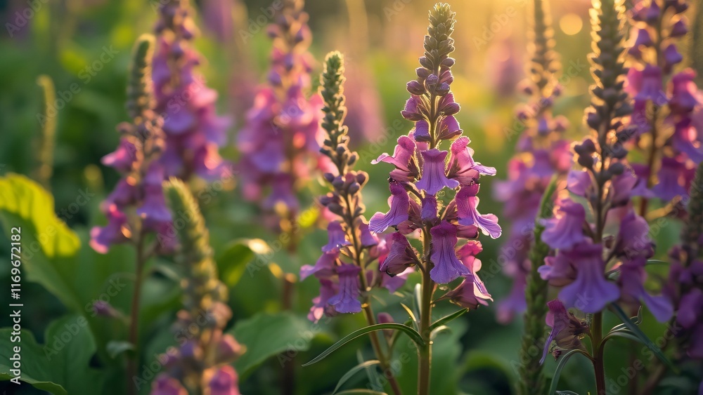 Obraz premium Vibrant Purple Flowers in Golden Sunset Meadow