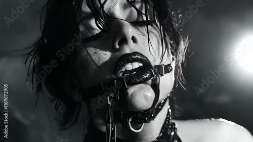 BDSM games, girl with gag in mouth, wearing leather collar and chain on neck, domination role playing games and fetish violence concept