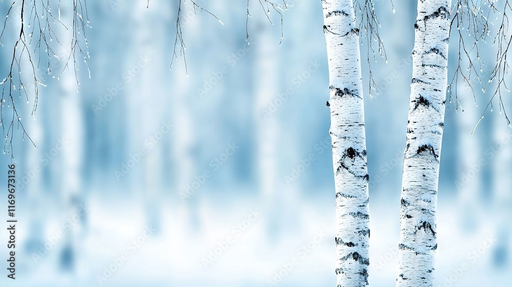Fototapeta premium A snowy forest with two white birch trees, their branches and ground covered in snowflakes
