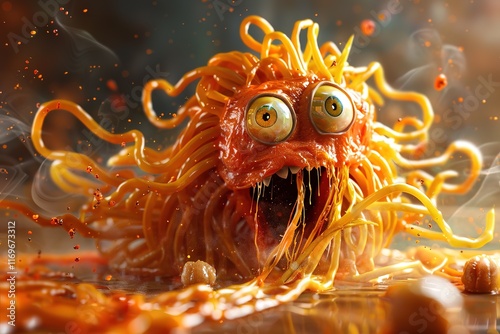 Spaghetti monster pasta flying halloween funny food pastafarian sauce cartoon. Pop spaghetti pasta monster dish scary head art spooky fun meatball humor tomato isolated atheist religious lunch holy