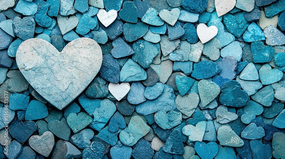 A heart-shaped stone rests atop a mound of blue and white stones A heart-shaped stone rests atop a mound of blue and white stones