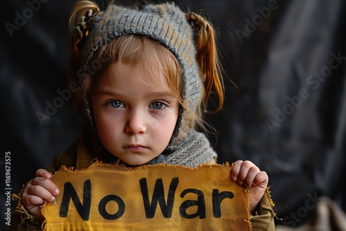 Upset poor toddler girl kid homeless protesting war conflict raises banner with inscription massage text 