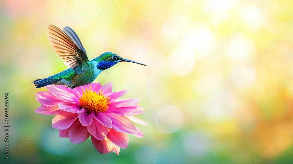 Naklejka premium A hummingbird perches on a pink flower before a bright green and yellow boke of light