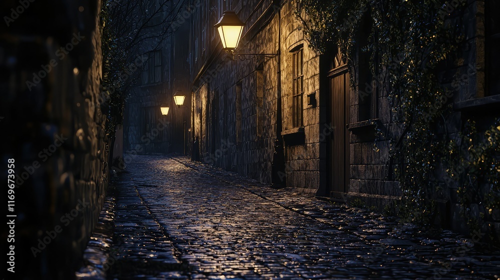 Mystical Cobblestone Alley with Lanterns in Rainy Night Setting Mystical Cobblestone Alley with Lanterns in Rainy Night Setting