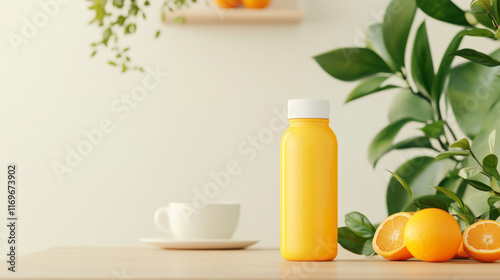 Refreshing orange juice bottle with oranges and a cup of coffee on a wooden table, surrounded by lush green leaves. Healthy lifestyle concept.