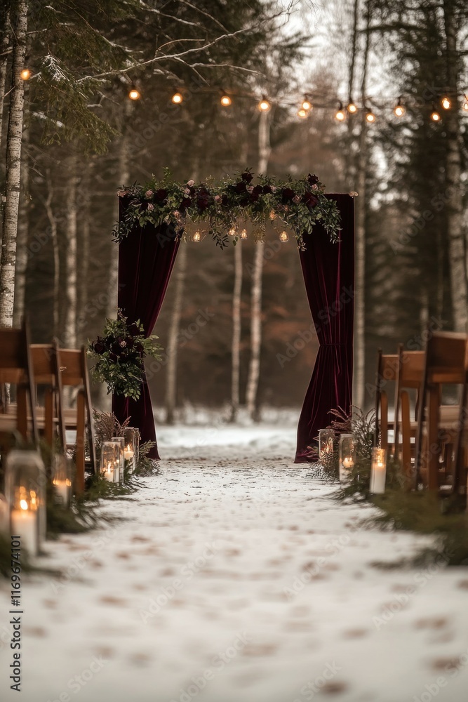 Fototapeta premium Snow-covered outdoor wedding features burgundy velvet arch and decorated wooden chairs for guests