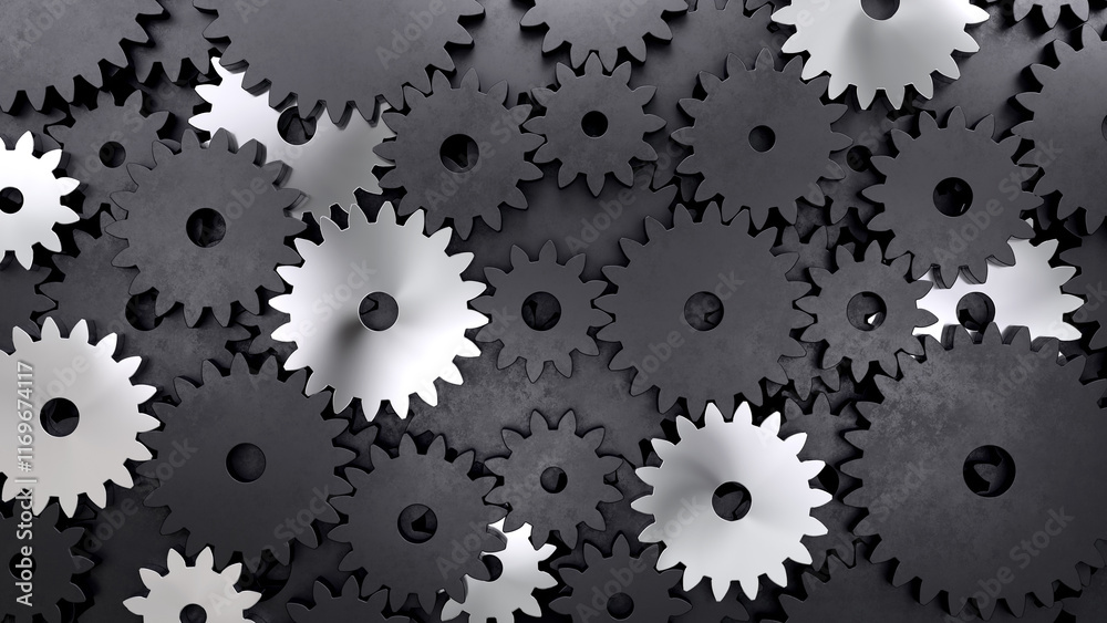 Black and metallic gears background. Cogwheel system. 3D rendering. Black and metallic gears background. Cogwheel system. 3D rendering.