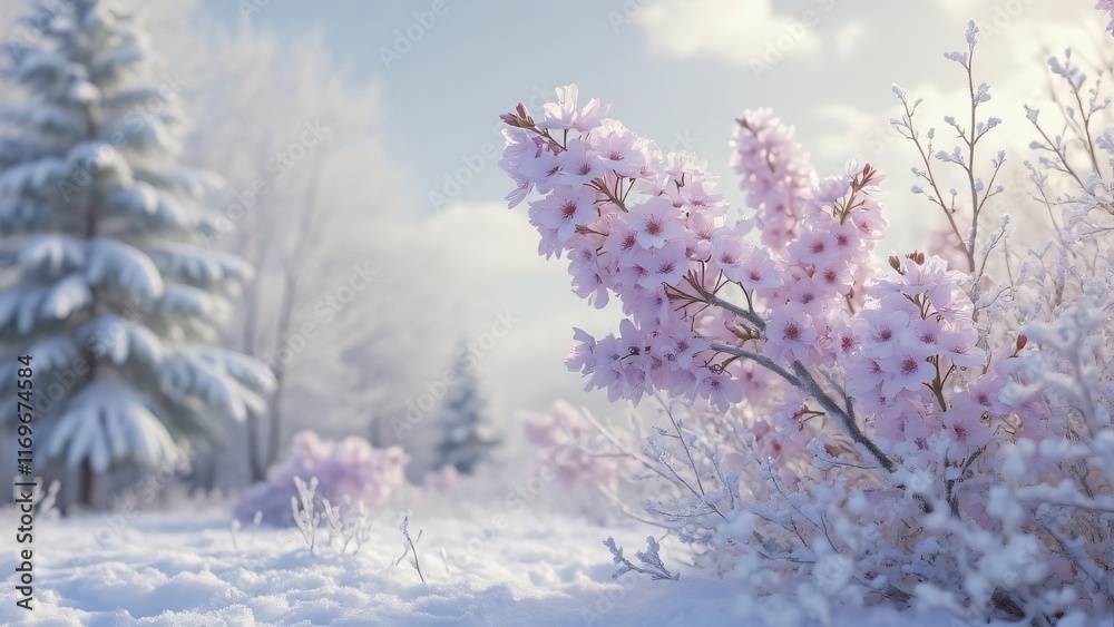 Stunning Pink Flowers in Snowy Winter Landscape Stunning Pink Flowers in Snowy Winter Landscape