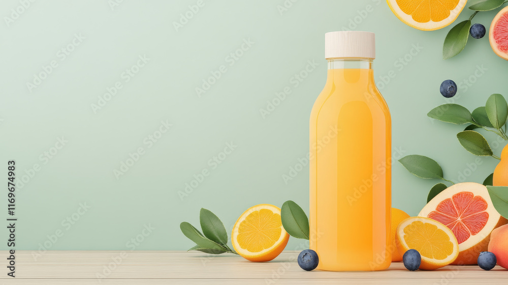 Refreshing citrus juice bottle with fresh fruit slices and berries. Perfect for a healthy and delicious beverage. Refreshing citrus juice bottle with fresh fruit slices and berries. Perfect for a healthy and delicious beverage.
