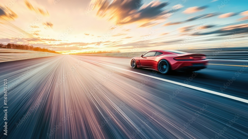 Dynamic Red Sports Car Racing on a Smooth Asphalt Track at Sunset Dynamic Red Sports Car Racing on a Smooth Asphalt Track at Sunset