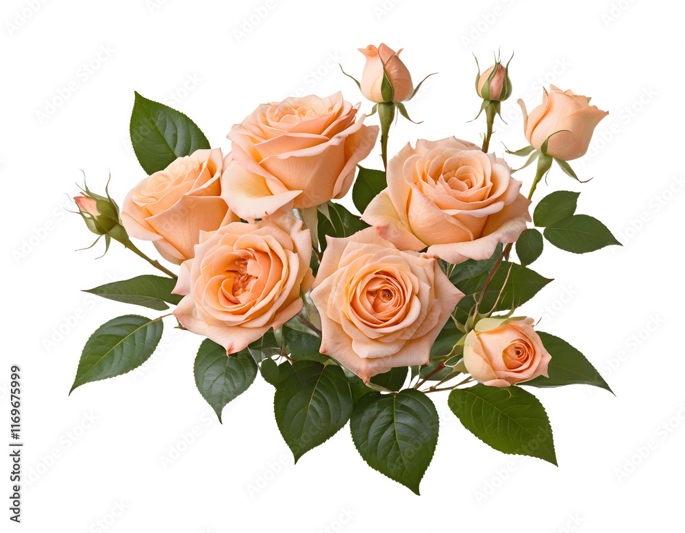 Fototapeta premium Delicate Peach Rose Bouquet Isolated on Transparent Background