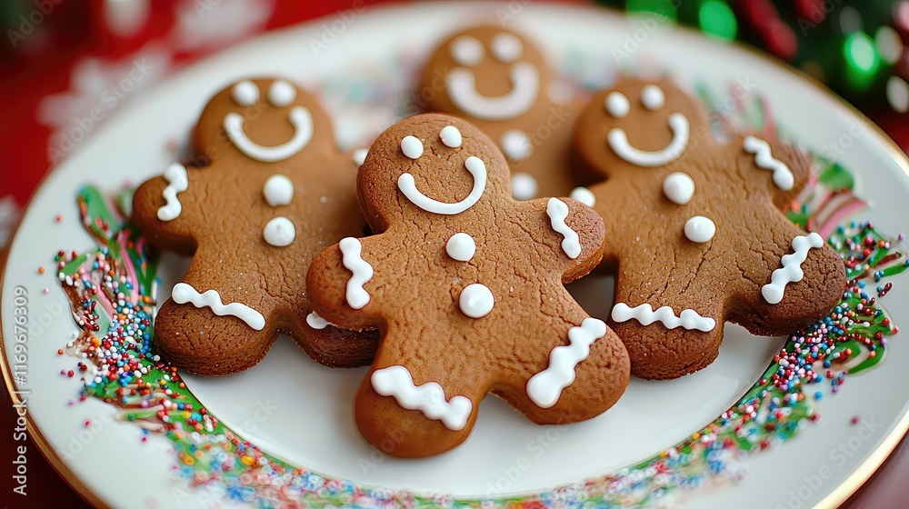 Cheerful Gingerbread Cookies with Icing on Festive Plate Cheerful Gingerbread Cookies with Icing on Festive Plate