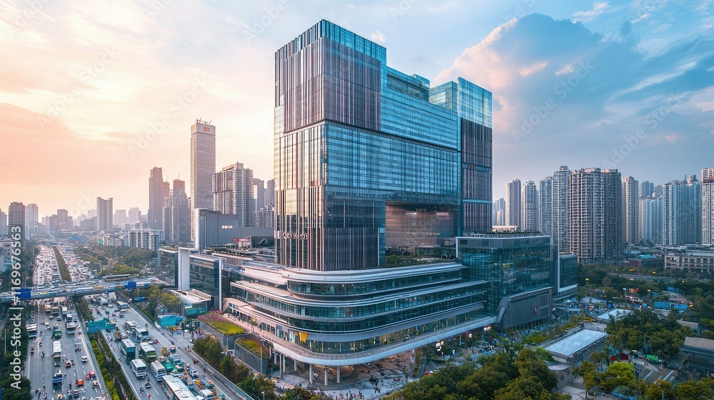 Fototapeta premium Modern Urban Architecture in Bustling City at Sunset Time