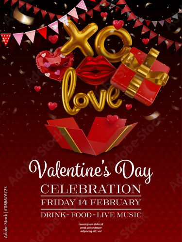 valentine's day party  poster with 3d gift box and party balloons. valentine flyer with party baloons and pennants