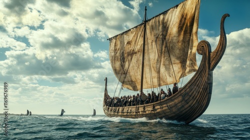 A mighty Viking longship charges into battle, its dragon-headed prow slicing through the waves as warriors ready themselves to board the shore photo