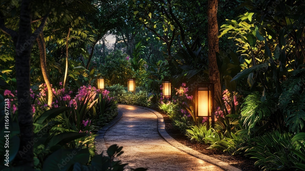 Fototapeta premium Enchanted Garden Pathway Illuminated by Lanterns at Dusk