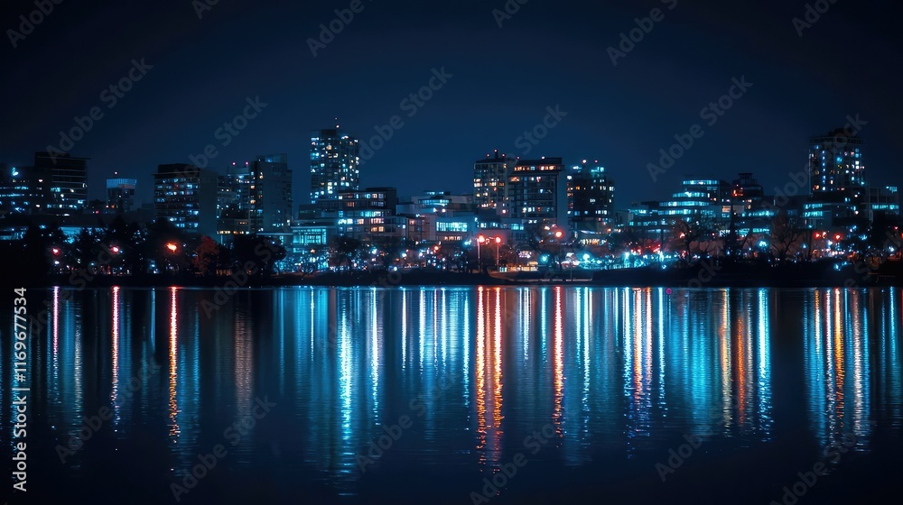 Fototapeta premium Nighttime Cityscape Reflection with Illuminated Skyline and Water