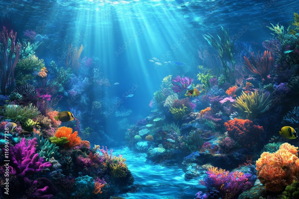 Fototapeta premium Vibrant underwater scene; colorful coral reef, fish.