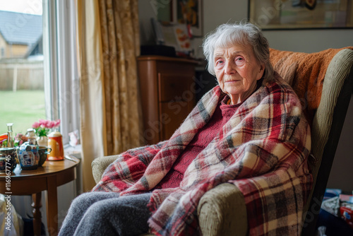 Keeping warm, winter cost of living, pensioner, fuel and electricity prices concept, an elderly woman sitting in chair wearing woollen shawl and tartan blanket over knee, cold environment, hardship
