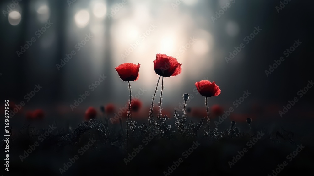 Obraz premium Vibrant red poppies bloom gracefully in a dark forest setting, showcasing nature's beauty and the tranquility of a peaceful morning atmosphere
