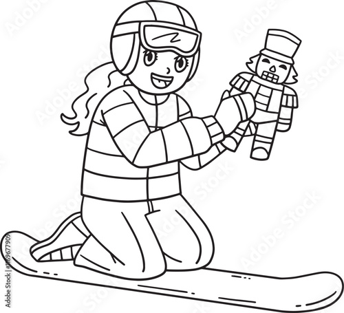 Snowboarding Girl with Toy Isolated Coloring Page 