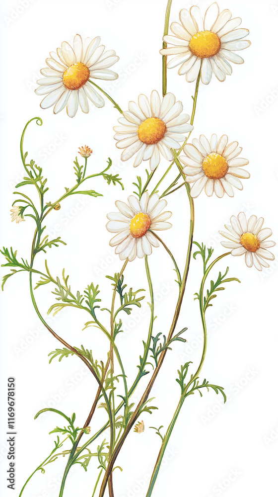 Fototapeta premium Detailed botanical illustration of delicate daisies with green stems against white background