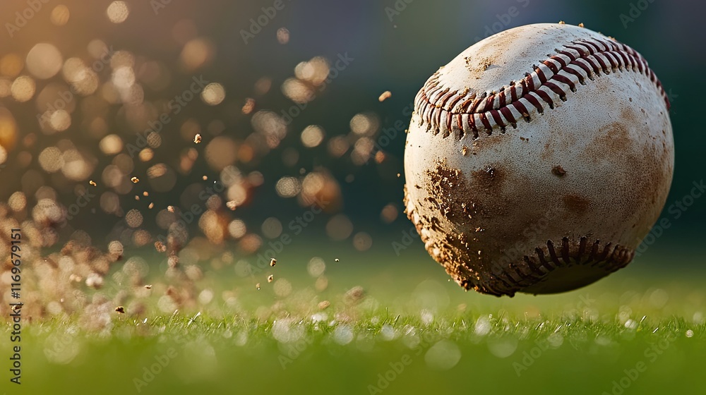 Close-up of a dirty baseball flying through the air, with dirt and grass in focus. Close-up of a dirty baseball flying through the air, with dirt and grass in focus.