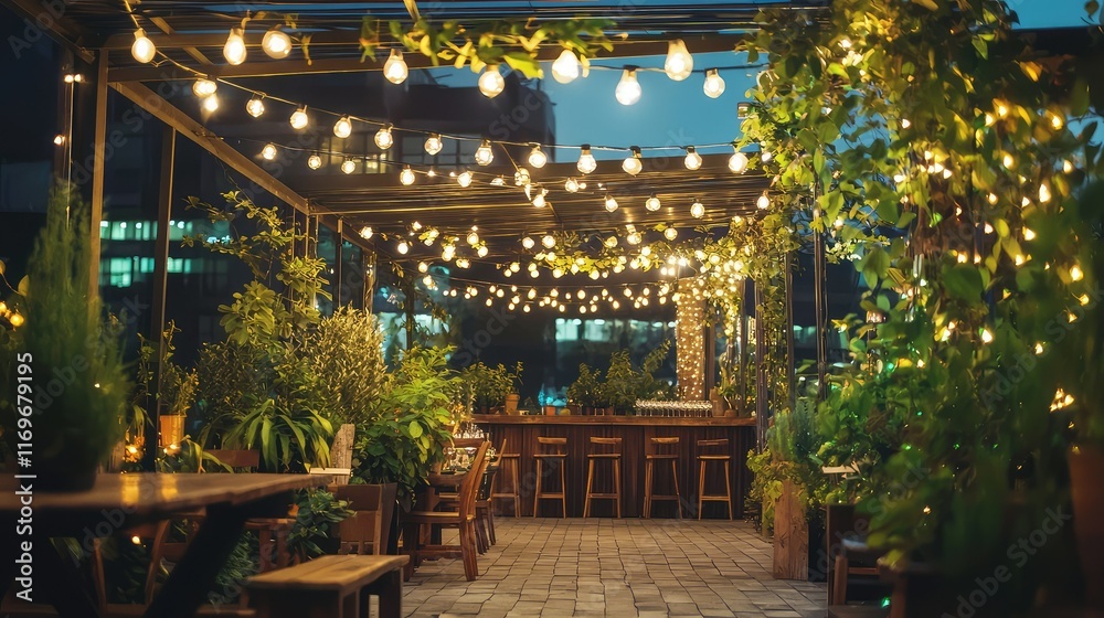 Cozy outdoor restaurant patio with string lights and greenery decor Cozy outdoor restaurant patio with string lights and greenery decor