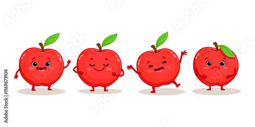 set of cute cartoon apples characters with emotions. Happy and sad apple isolated on white background. Red apple in different poses. Funny fruit. 
