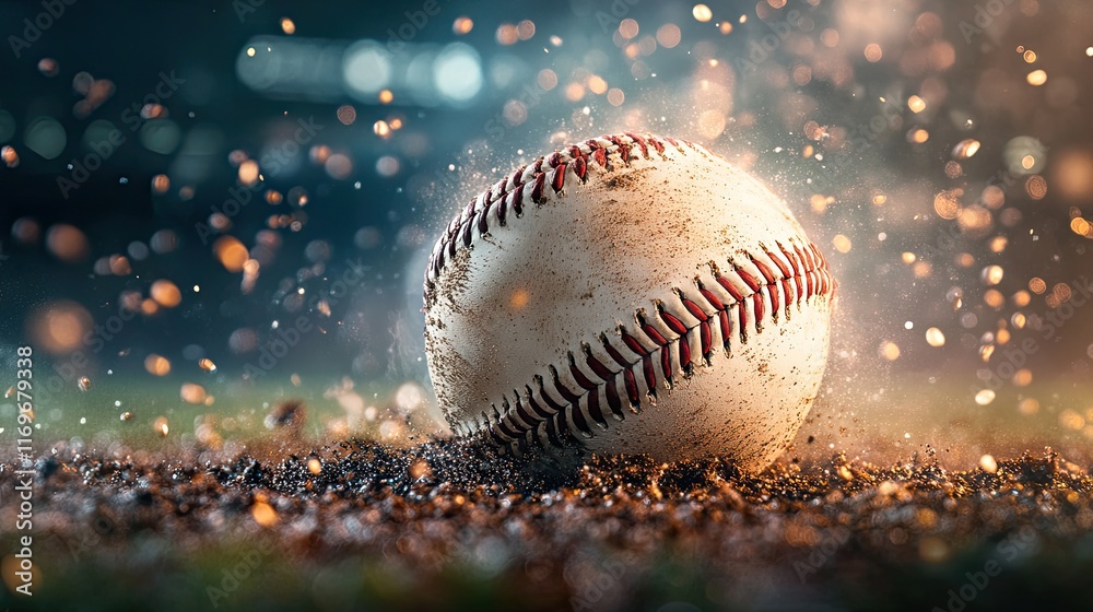 Close-up of a dirty baseball on a field with dust and light effects. Close-up of a dirty baseball on a field with dust and light effects.