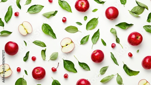   Apples, leaves, and apple slices on a white background with red and green apples