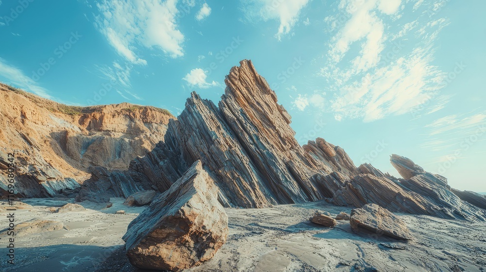 Obraz premium Majestic Rock Formation Against Clear Blue Sky at the Beach