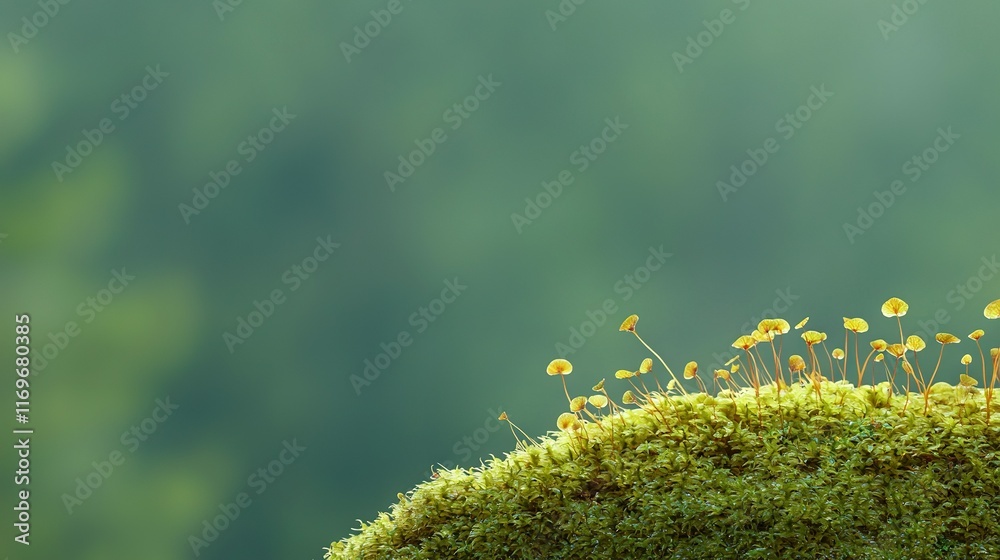 A cluster of petite yellow blossoms rests atop a verdant mossy terrain, surrounded by a hazy background of distant trees A cluster of petite yellow blossoms rests atop a verdant mossy terrain, surrounded by a hazy background of distant trees