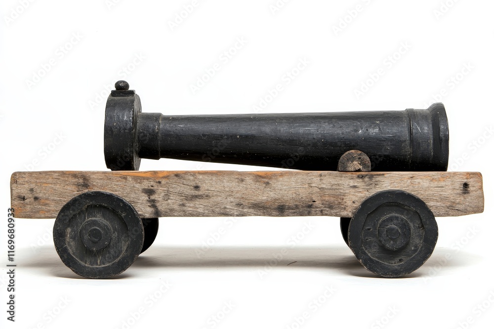 Obraz premium Photo showcase of an obsolete naval weapon, depicting an old-fashioned battle gun and vintage firearm, focused on a time-worn cannon made from wood and iron, isolated on a white background with a