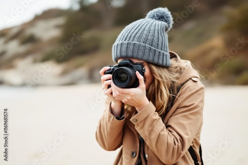 Female photographer in knitted hat and trench coat shooting at camera on sandy beach photo