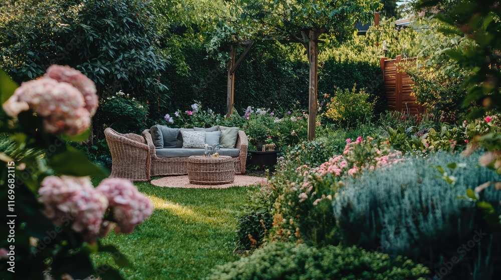 Obraz premium Serene Garden Retreat with Cozy Seating Surrounded by Lush Flora