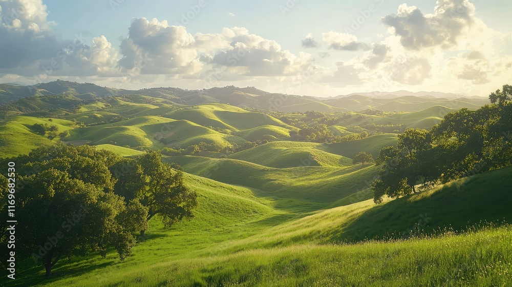 Fototapeta premium Serene Rolling Hills Under Bright Blue Sky with Soft Clouds