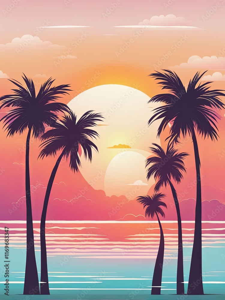 Obraz premium Stunning sunset view with vibrant hues, palm trees swaying in gentle breeze, peaceful waters reflecting mountains, ideal for capturing essence of adventure, relaxation, and travel.