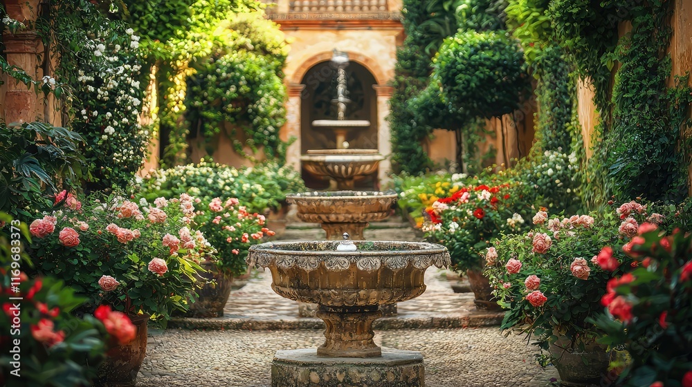 Tranquil Garden Oasis with Roses and Decorative Fountain Features Tranquil Garden Oasis with Roses and Decorative Fountain Features