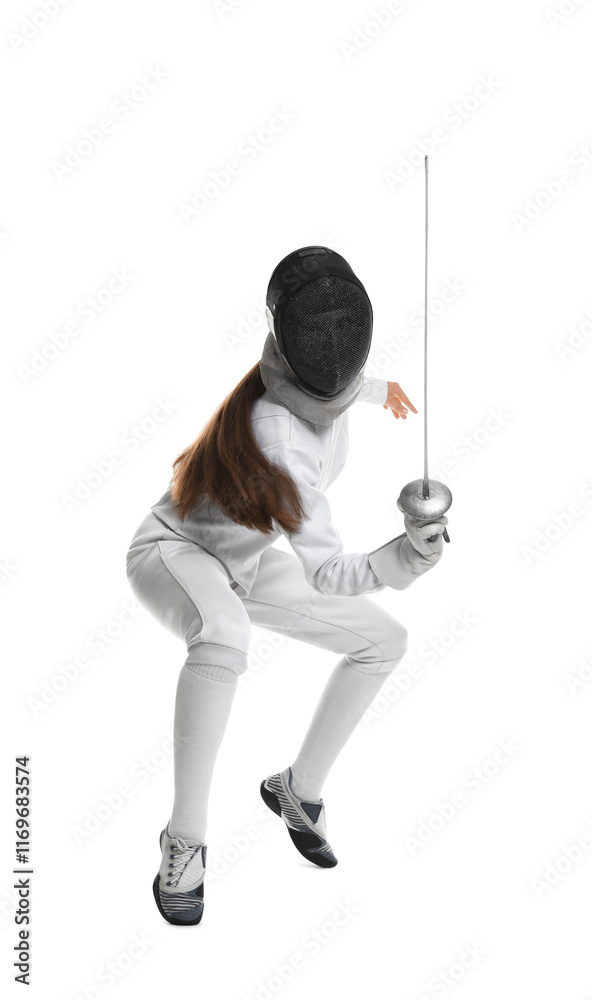 Fencer with epee practicing on white background Fencer with epee practicing on white background
