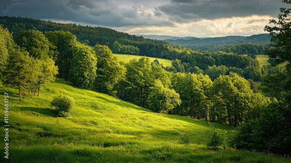 Obraz premium Lush Green Landscape with Rolling Hills and Dramatic Sky