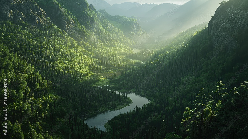 Obraz premium Lush Green Valley with River and Mountains under Soft Morning Light